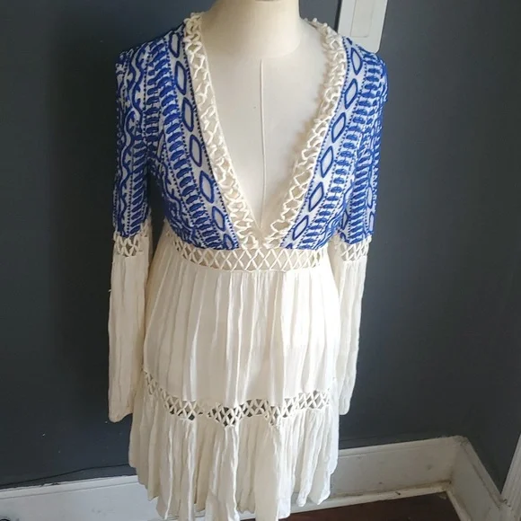 Free People Blue and Cream Mini Dress - Picture 2 of 13